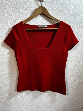 The Fold London Red Orange Viscose Knit Square Neck Top Medium